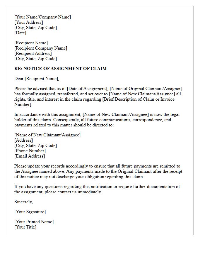 Third-Party Notification Letter for Assignment of Claim
