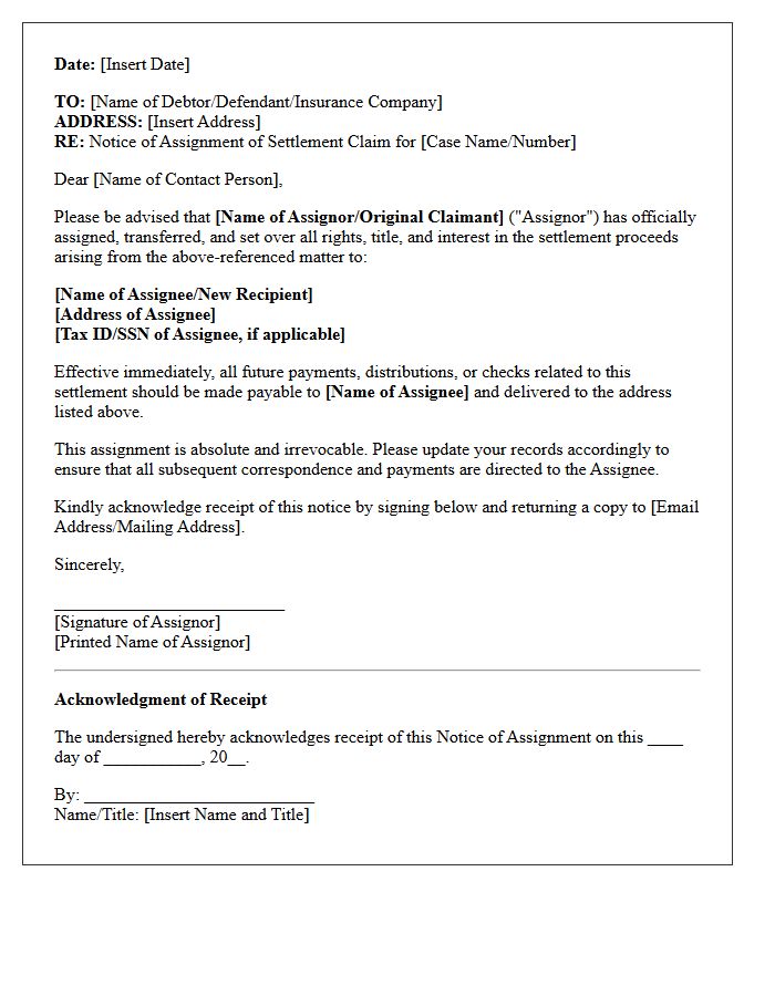 Notice of Assignment of Settlement Claim Letter