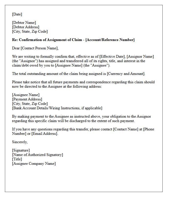 Assignee Confirmation Letter for Notice of Assignment of Claim