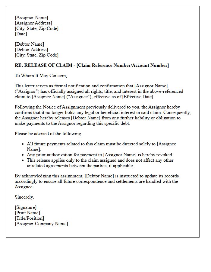 Assignor Release Letter Following Notice of Assignment of Claim