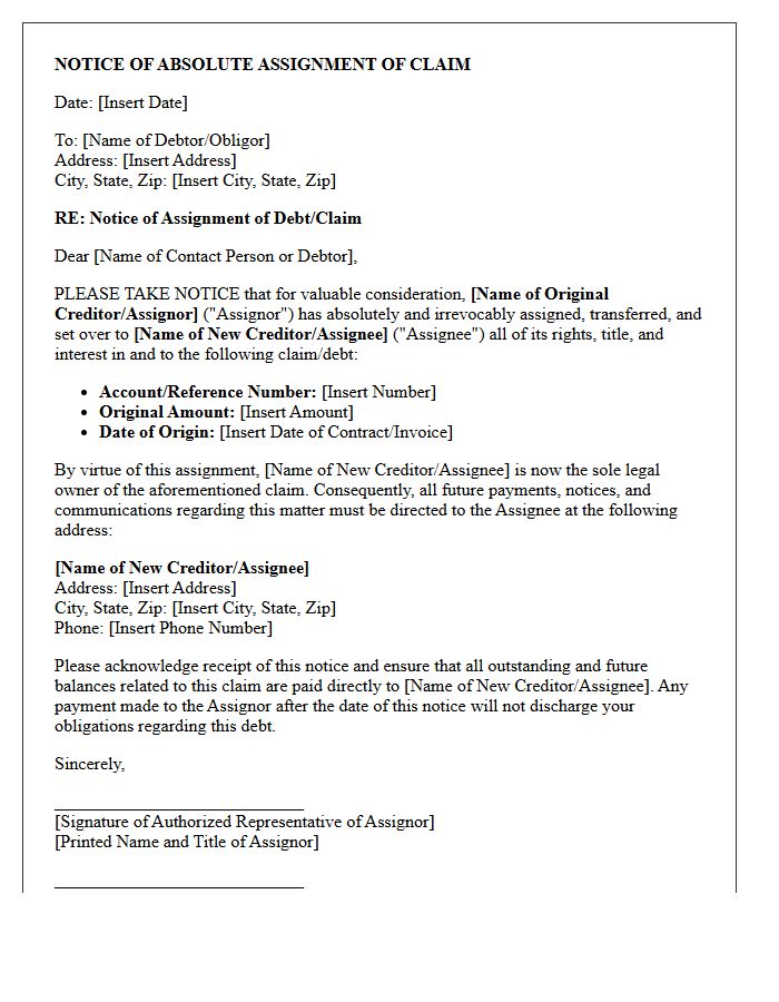 Notice of Absolute Assignment of Claim Letter