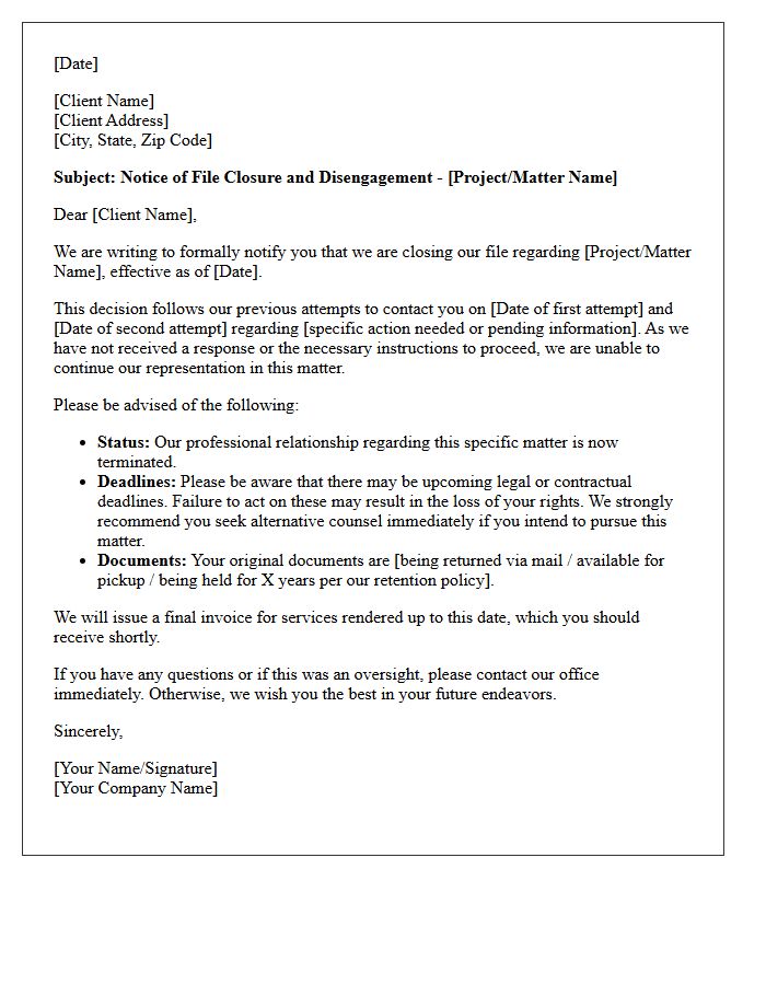 Client Unresponsiveness File Closure and Disengagement Letter