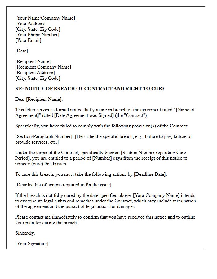 Notice of Right to Cure Breach of Contract Letter