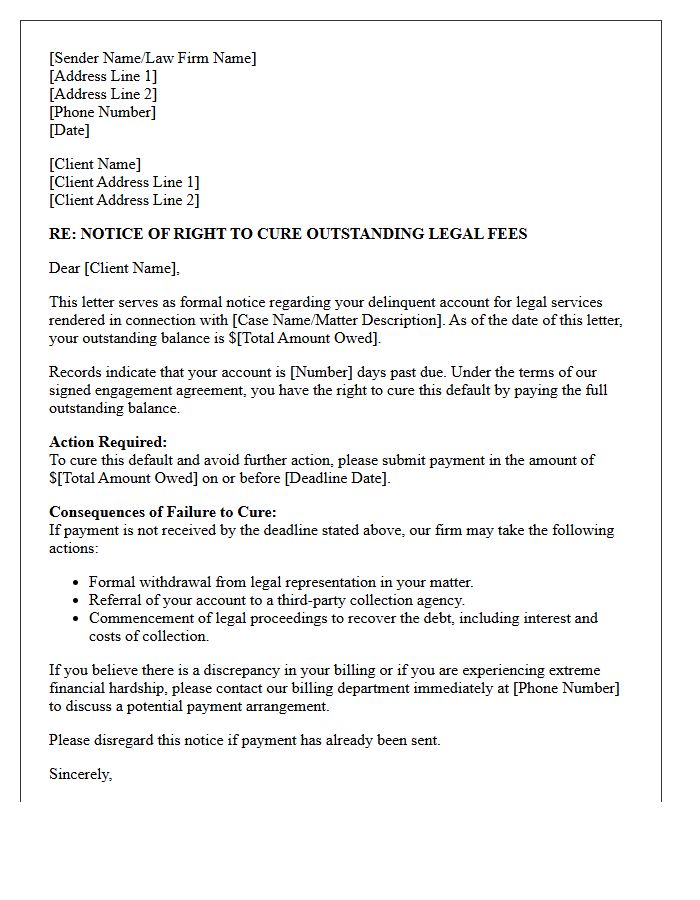 Notice of Right to Cure Outstanding Legal Fees Letter