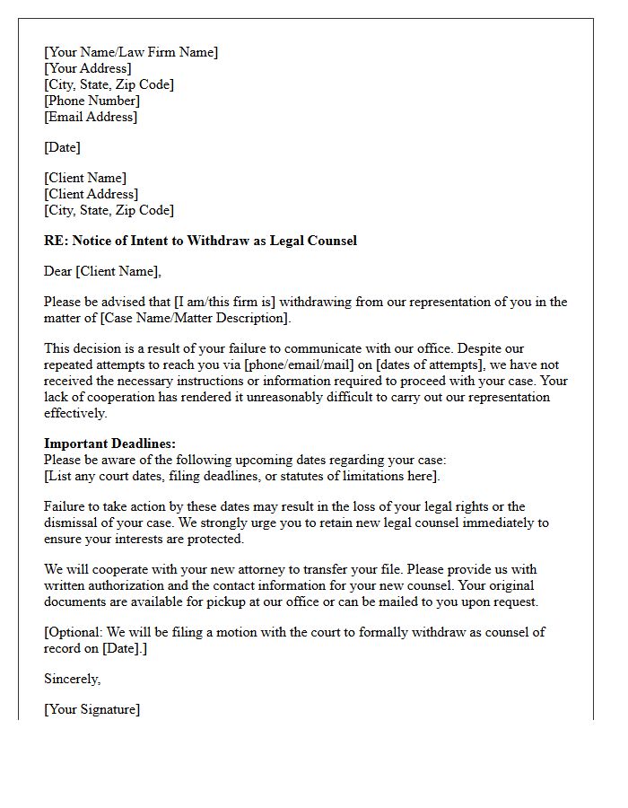 Withdrawal of Legal Counsel Letter for Failure to Communicate