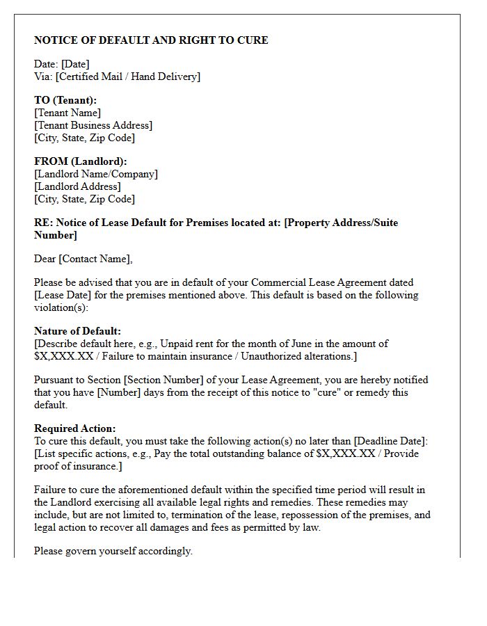 Notice of Right to Cure Commercial Lease Default Letter