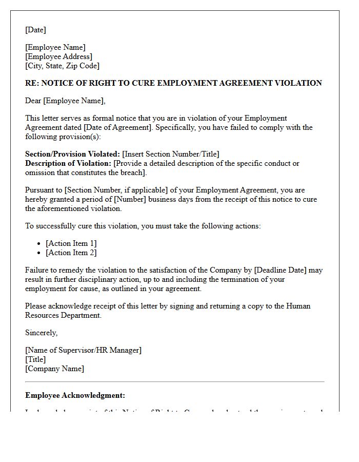 Notice of Right to Cure Employment Agreement Violation Letter