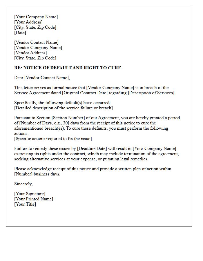 Notice of Right to Cure Vendor Service Agreement Letter