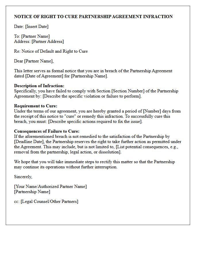 Notice of Right to Cure Partnership Agreement Infraction Letter