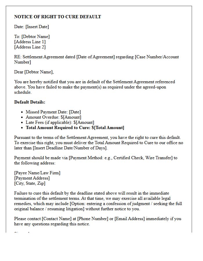 Notice of Right to Cure Settlement Payment Default Letter