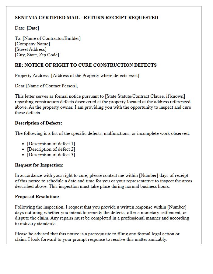 Notice of Right to Cure Construction Defect Letter