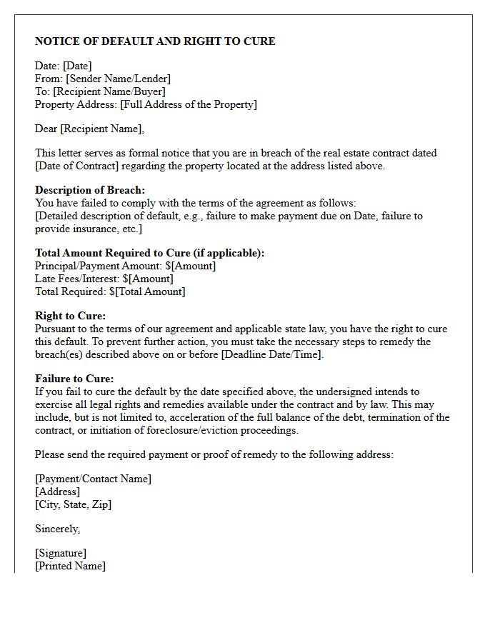 Notice of Right to Cure Real Estate Contract Breach Letter