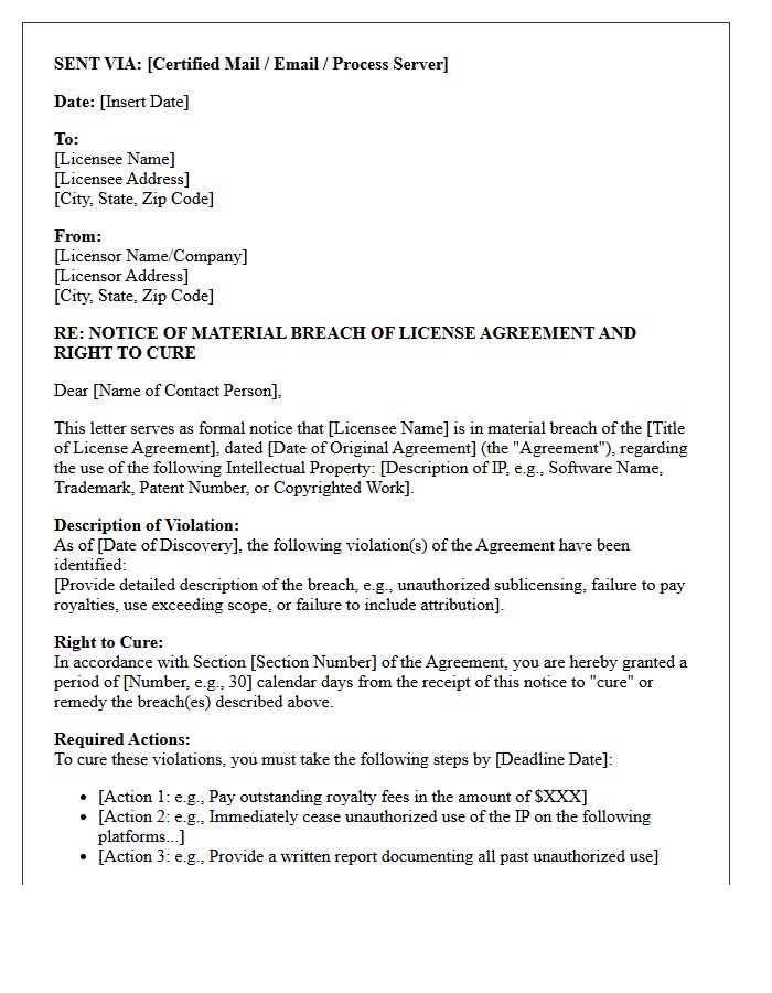 Notice of Right to Cure Intellectual Property License Violation Letter
