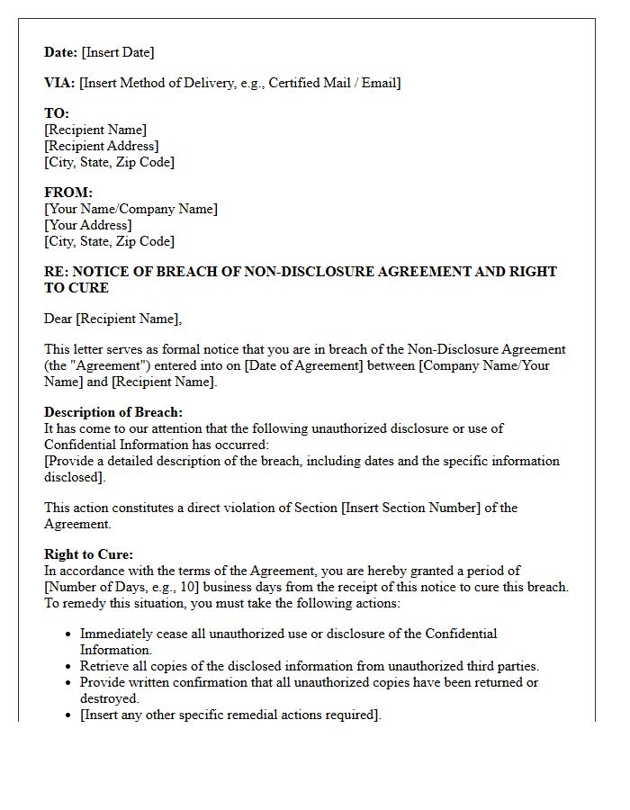 Notice of Right to Cure Non-Disclosure Agreement Breach Letter