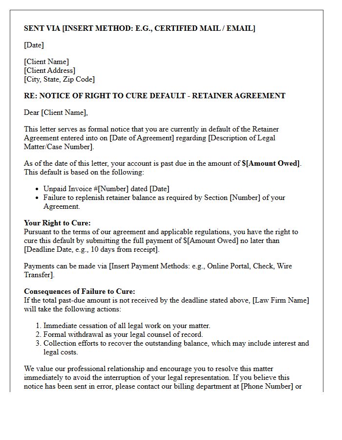 Notice of Right to Cure Retainer Agreement Default Letter