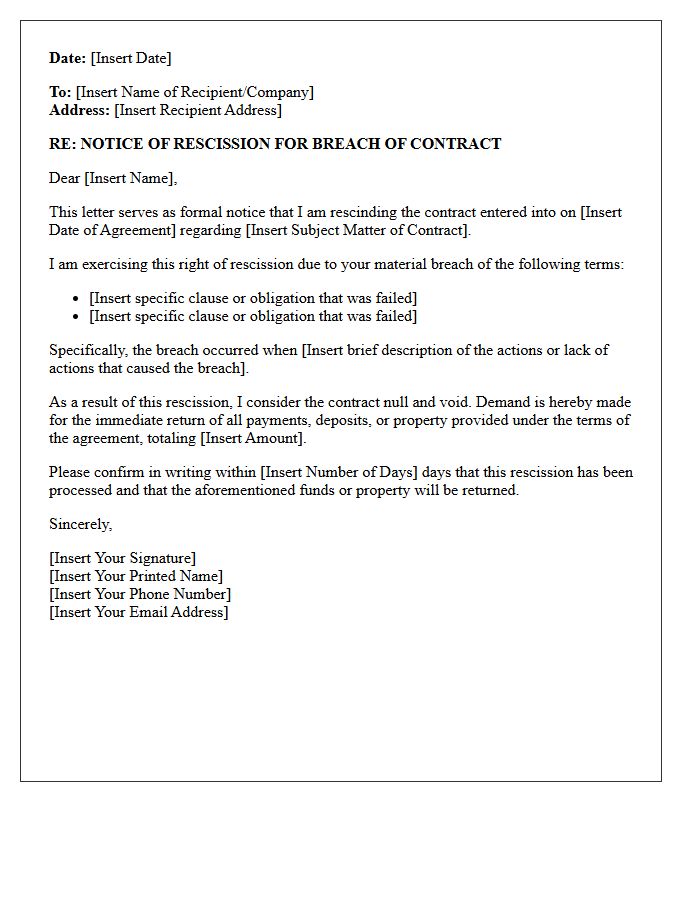 Notice of Rescission Letter for Breach of Contract