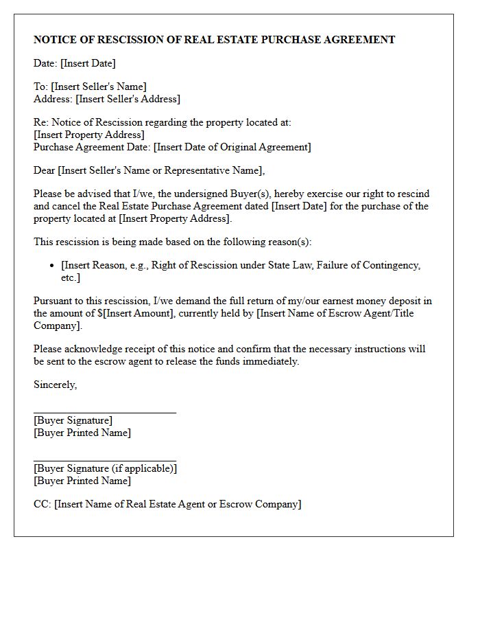 Notice of Rescission Letter for Real Estate Purchase Agreement