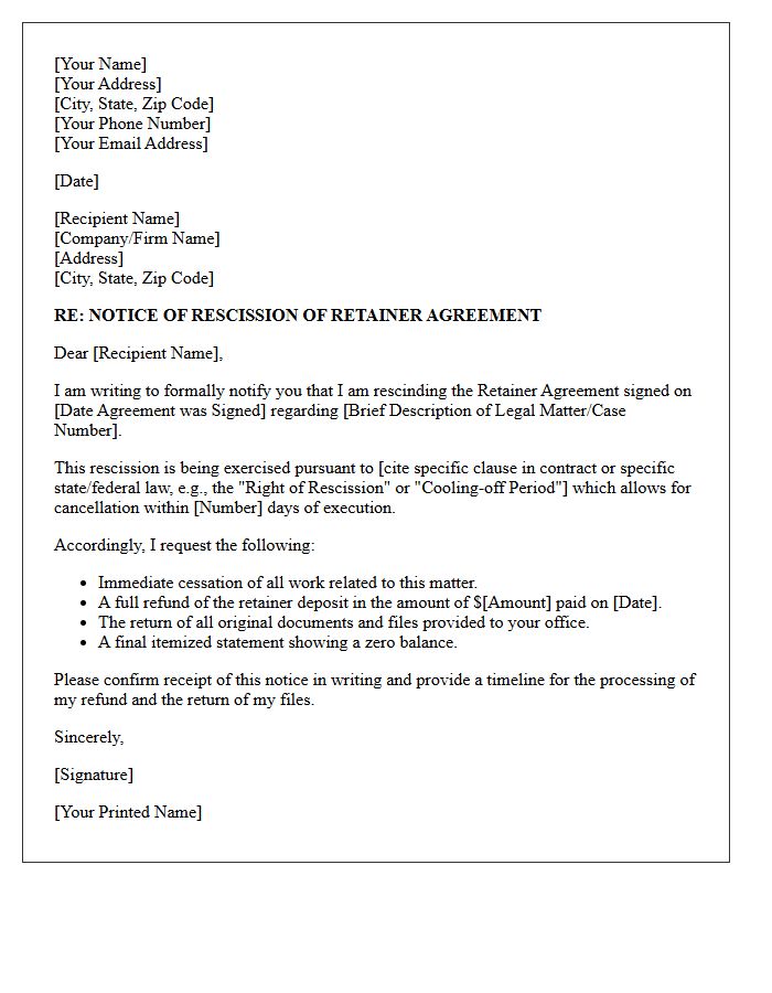 Notice of Rescission Letter for Client Retainer Agreement