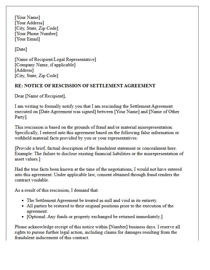 Notice of Rescission Letter for Settlement Agreement Fraud