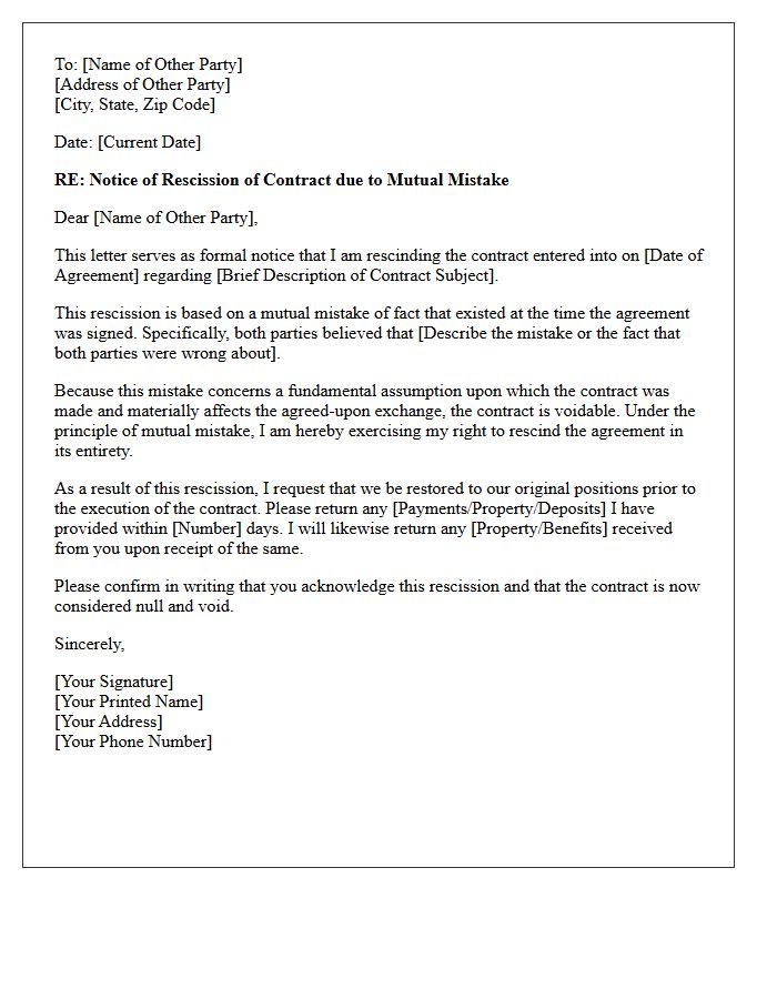 Notice of Rescission Letter for Mutual Mistake in Contract
