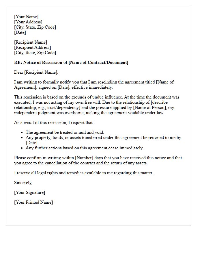 Notice of Rescission Letter for Undue Influence