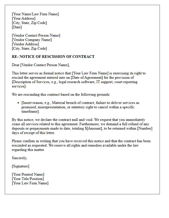 Notice of Rescission Letter for Law Firm Vendor Services
