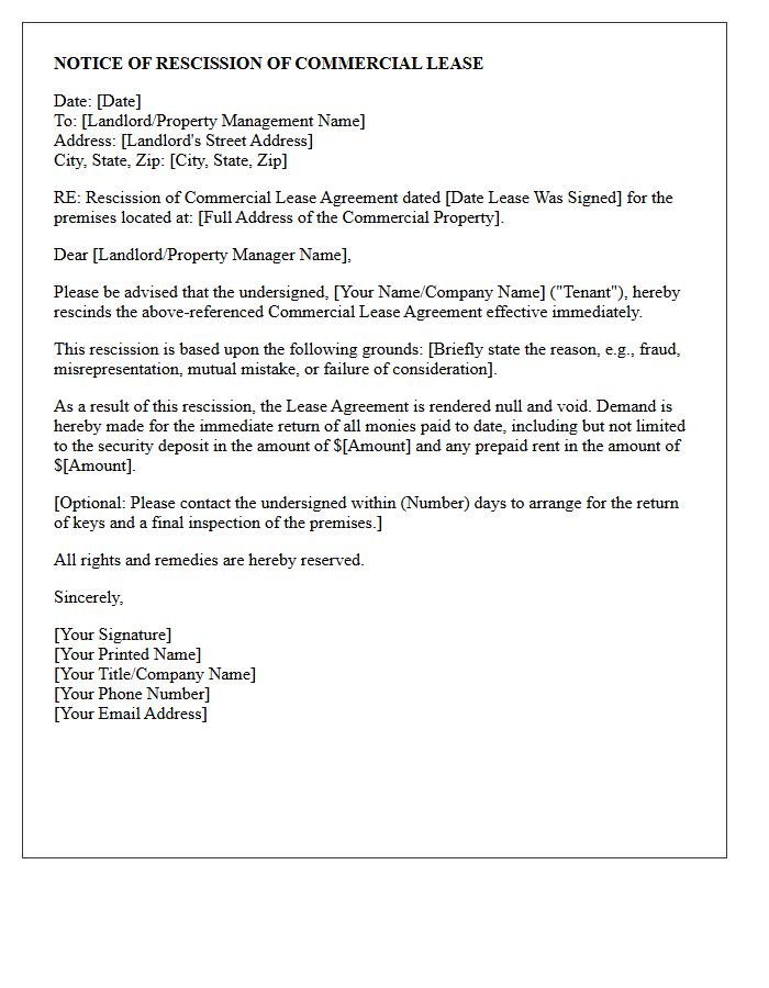 Notice of Rescission Letter for Commercial Lease Agreement