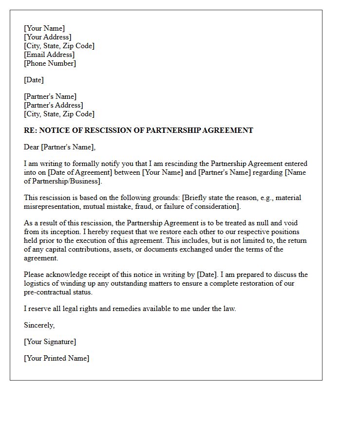 Notice of Rescission Letter for Legal Partnership Agreement