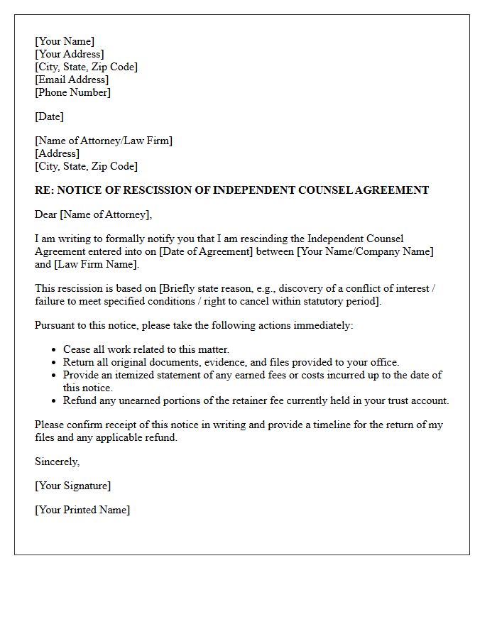 Notice of Rescission Letter for Independent Counsel Agreement