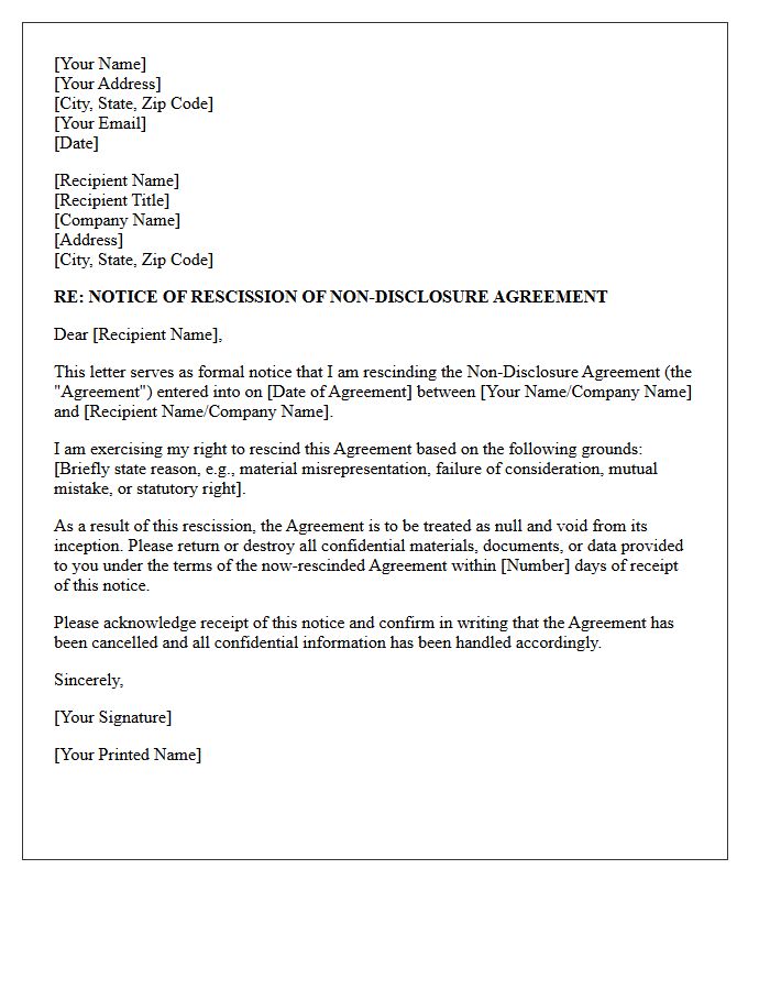 Notice of Rescission Letter for Non-Disclosure Agreement