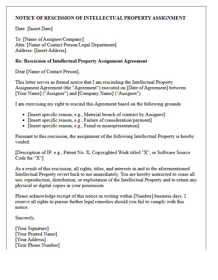 Notice of Rescission Letter for Intellectual Property Assignment