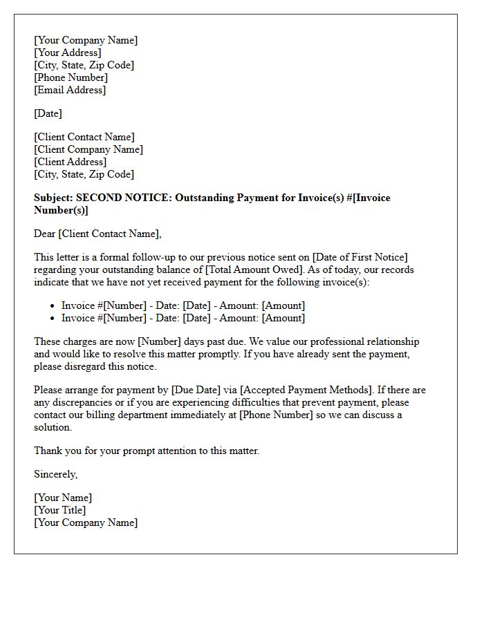 Second Notice Letter Regarding Outstanding Firm Invoices