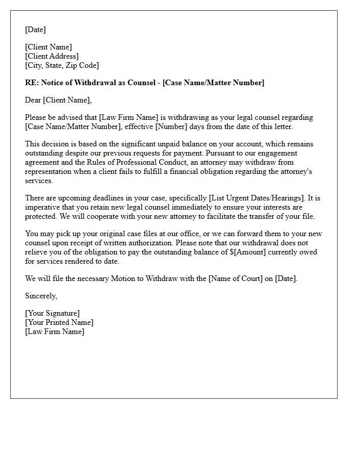 Letter of Withdrawal as Counsel Due to Unpaid Balances