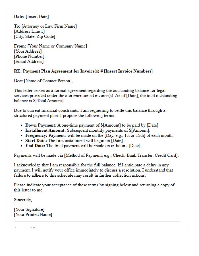 Payment Plan Agreement Letter for Outstanding Legal Invoices