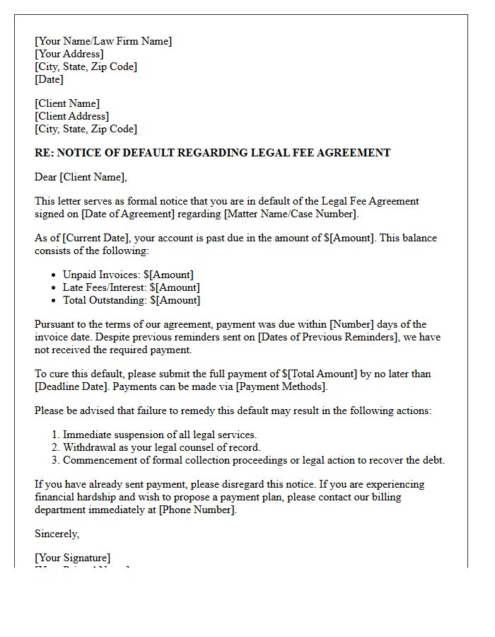 Formal Default Letter on Legal Fee Agreement