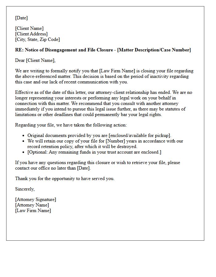 Inactive Legal Matter Disengagement and File Closure Letter