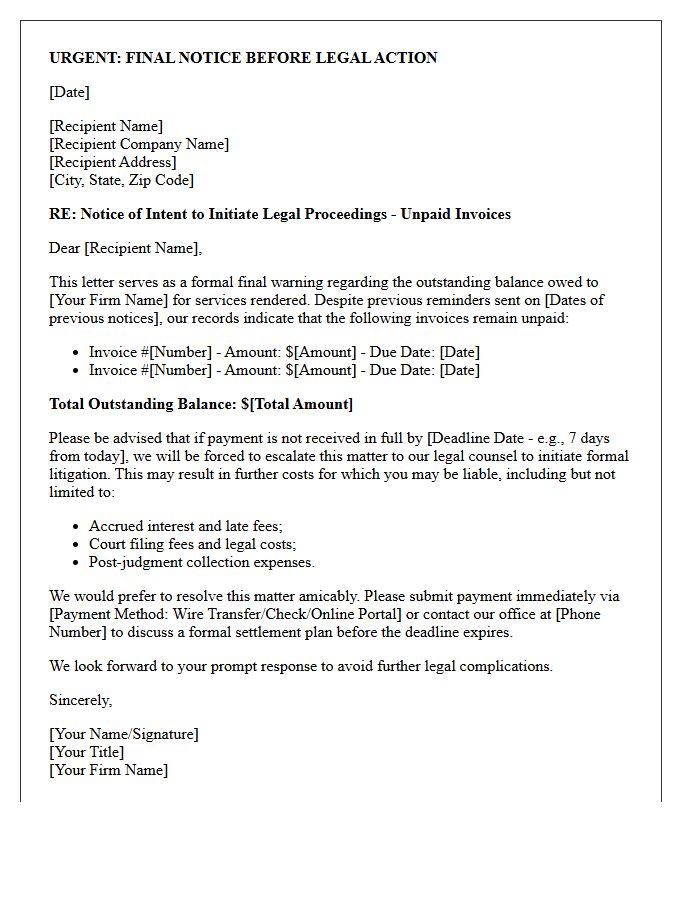 Pre-Litigation Warning Letter for Unpaid Firm Invoices