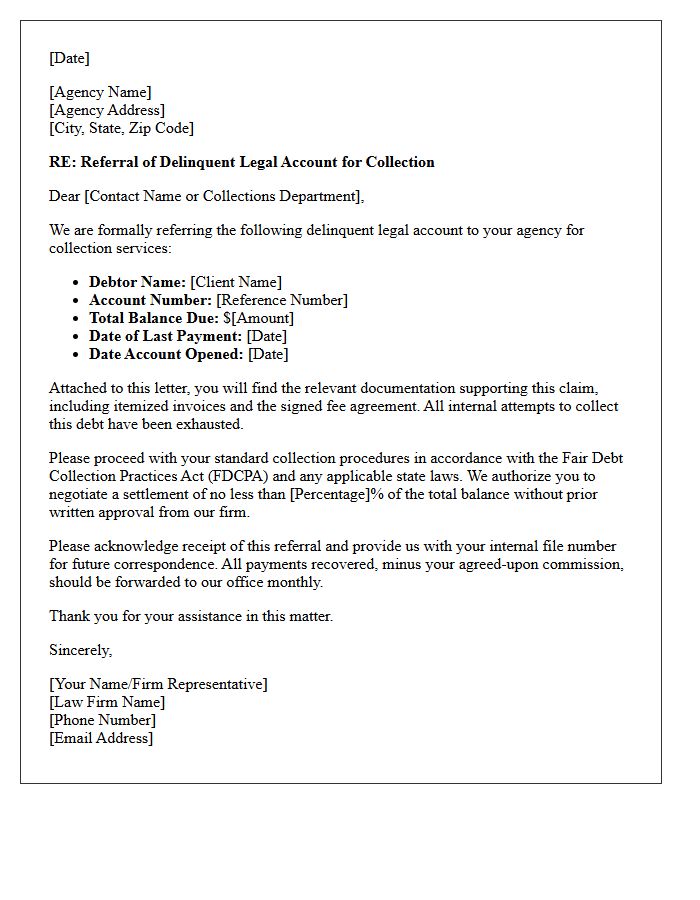 Collections Agency Referral Letter for Delinquent Legal Accounts