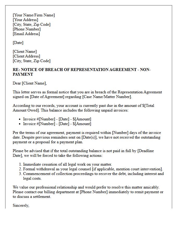 Breach of Representation Agreement Letter for Non-Payment