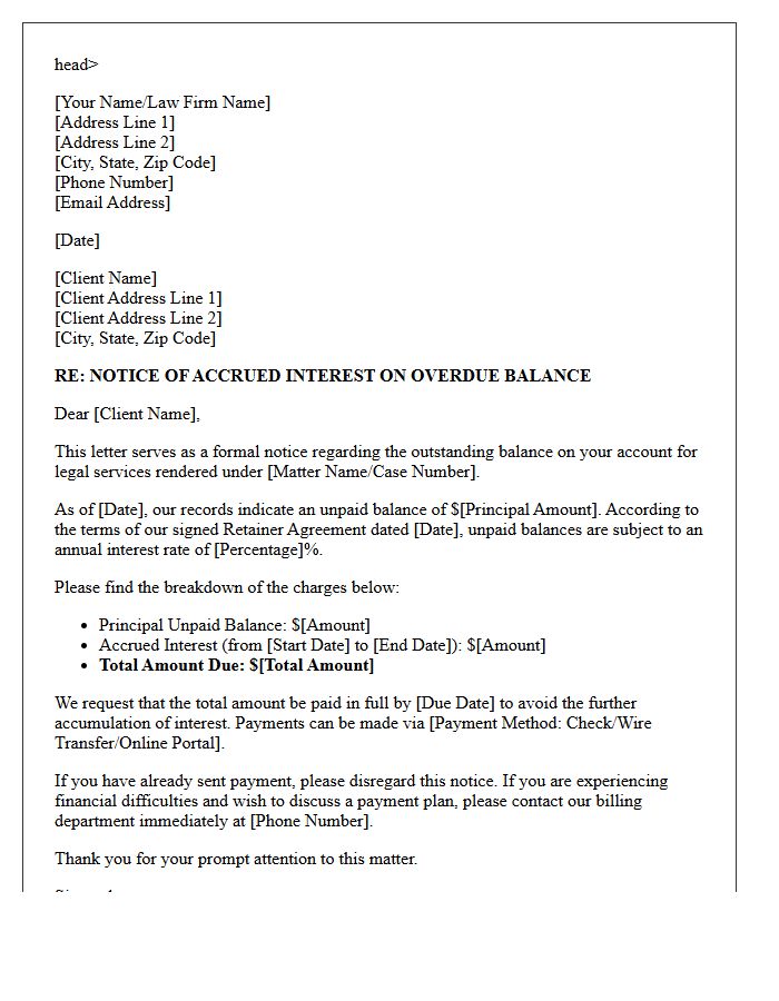 Letter of Notice for Accrued Interest on Unpaid Legal Bills