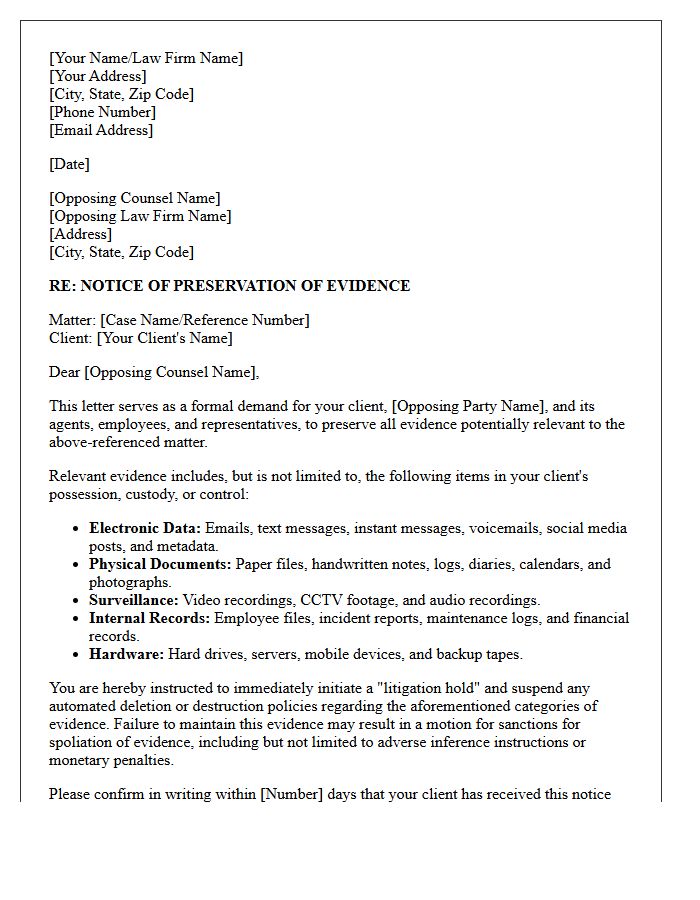 Notice of Preservation of Evidence Letter to Opposing Counsel