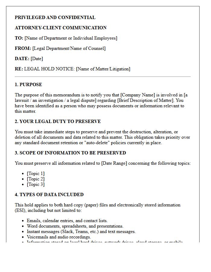 Internal Litigation Hold and Evidence Preservation Letter to Client