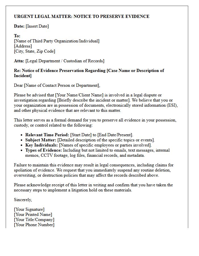 Third-Party Notice of Evidence Preservation Letter