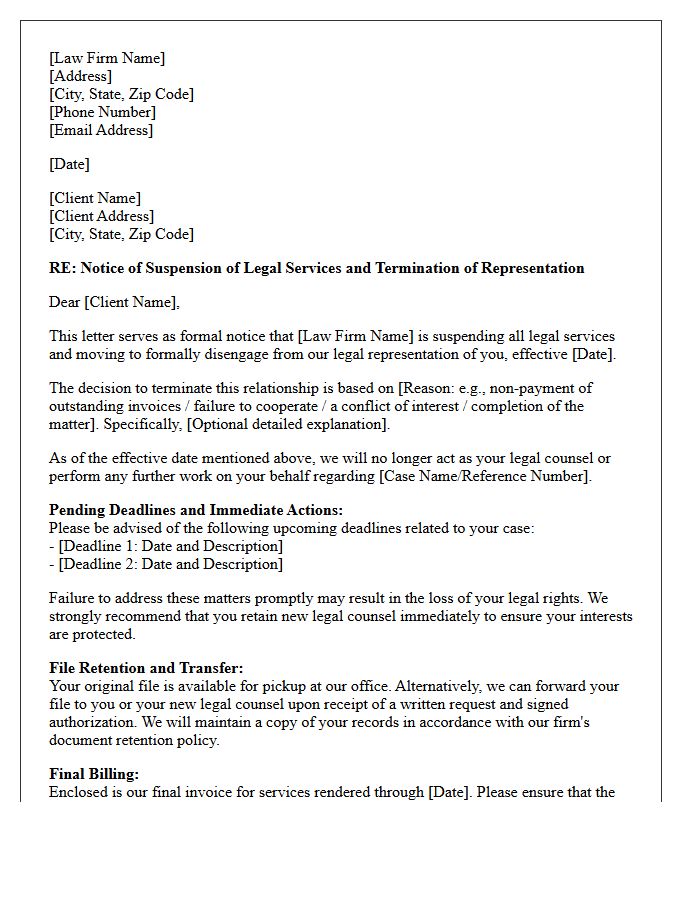 Suspension of Legal Services and Representation Disengagement Letter