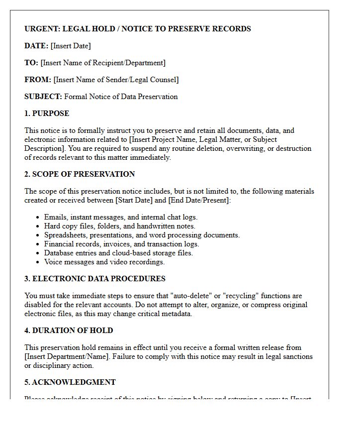 Corporate Records and Data Preservation Notice Letter