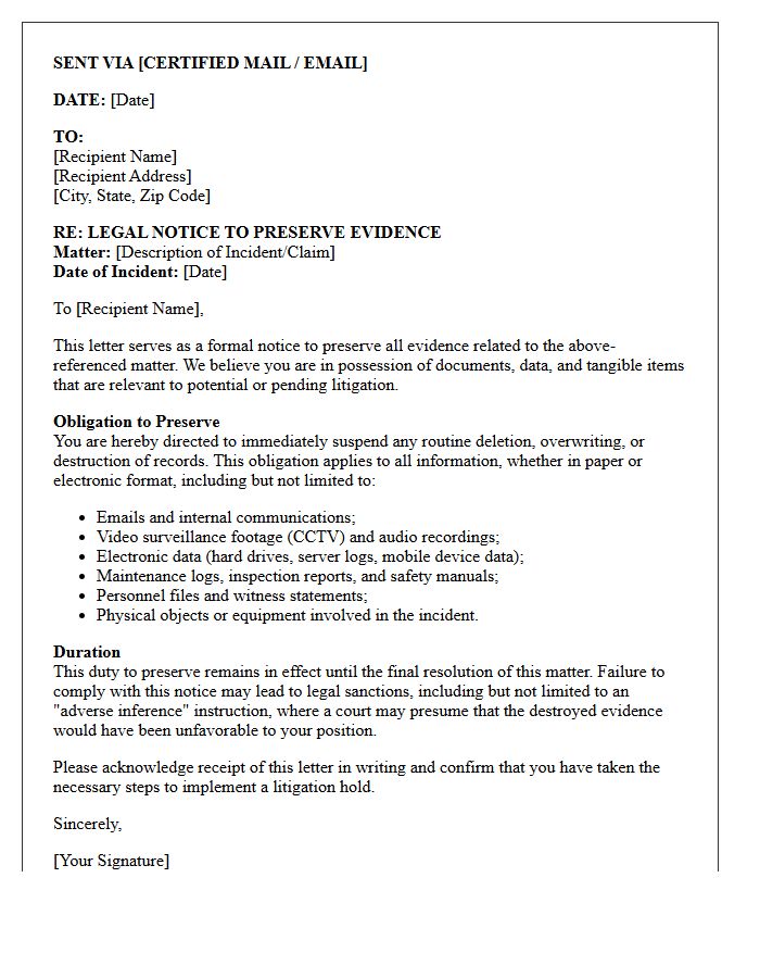 Spoliation Warning and Evidence Preservation Letter