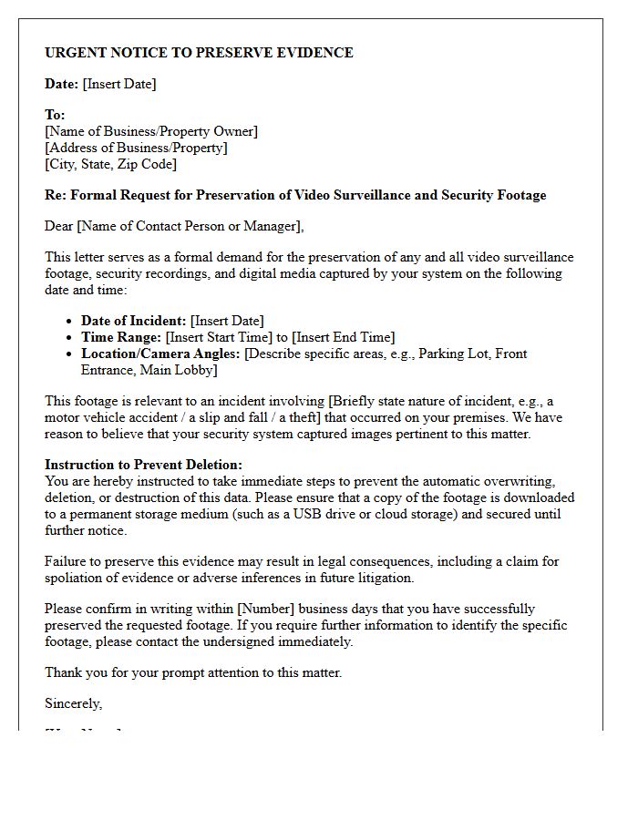Video Surveillance and Security Footage Preservation Letter