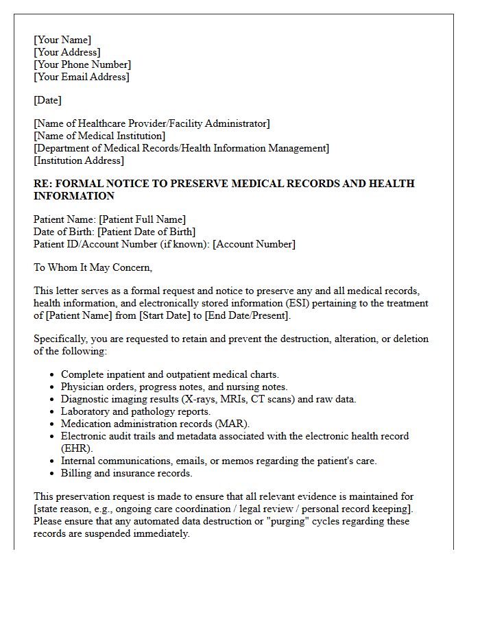 Medical Records and Health Information Preservation Letter