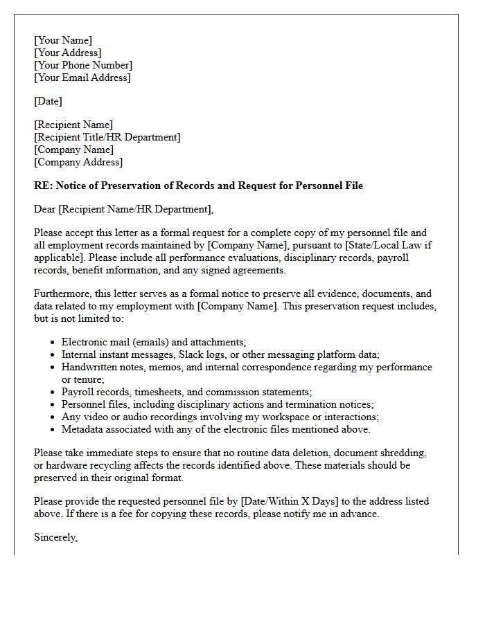 Employment File and Human Resources Preservation Letter
