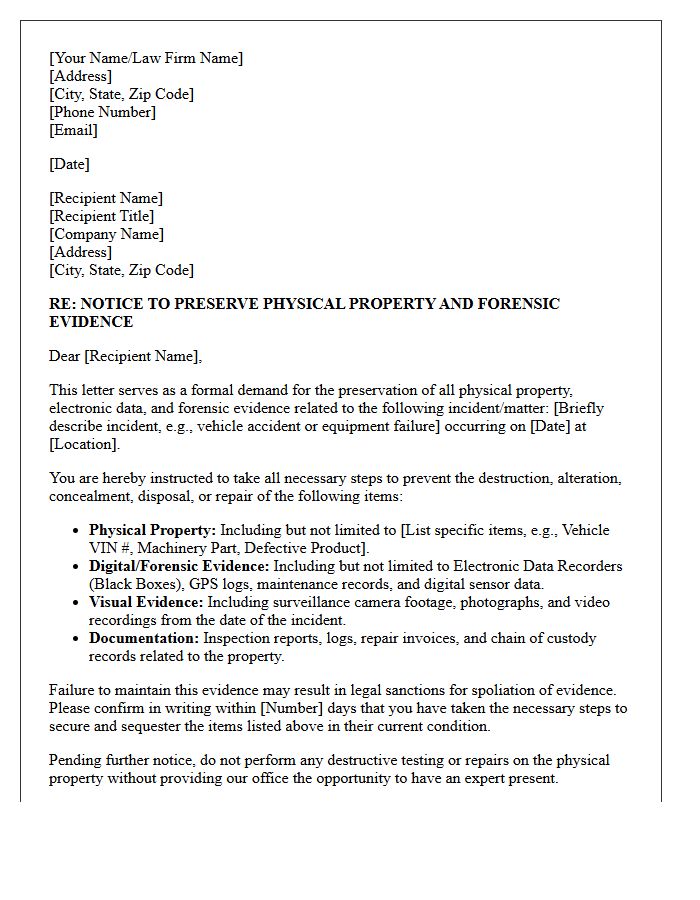 Physical Property and Forensic Evidence Preservation Letter